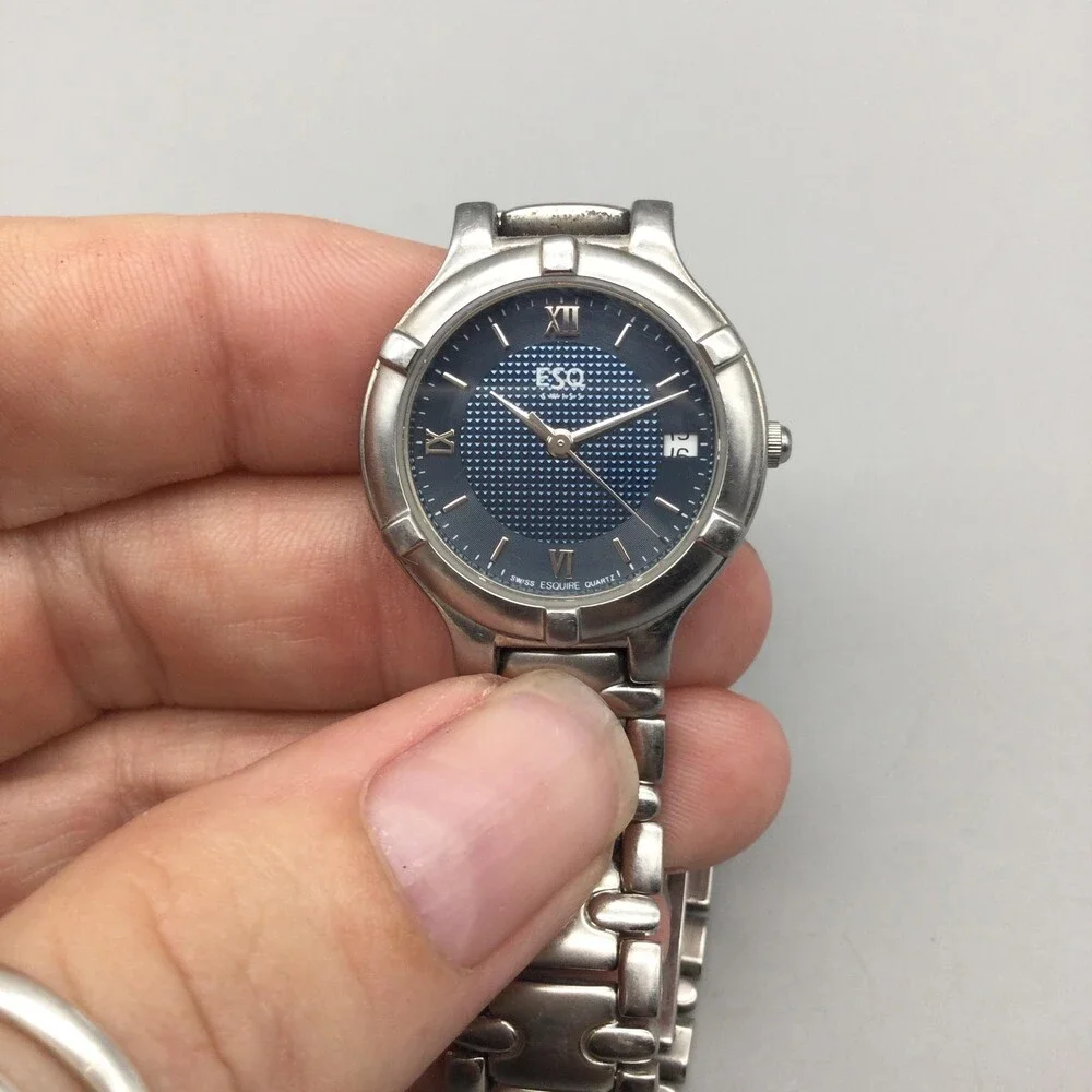 ESQ Movado Swiss Womens Watch 26mm Blue Dial Silver Tone Date New Battery 7.25